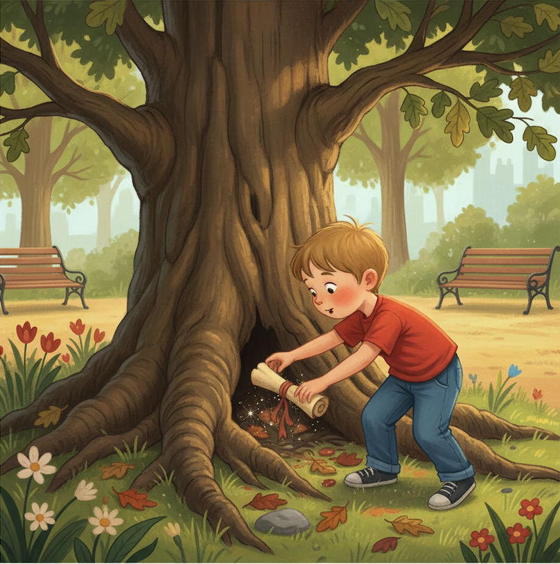 Tyson finding the magical scroll in the tree